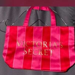 Victoria's Secret Hot Pink and Fuchsia Striped Tote with Gold Logo Tote Small